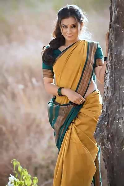Inspiring Mustard Soft Silk Saree With Verdant Blouse Piece