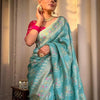 Pretty Firozi Soft Silk Saree With Mesmerising Blouse Piece