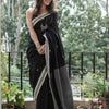 Twirling Black Cotton Silk Saree With Opulent Blouse Piece