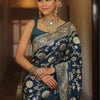 Desultory Navy Blue Soft Silk Saree With Lissome Blouse Piece