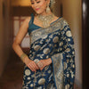 Desultory Navy Blue Soft Silk Saree With Lissome Blouse Piece