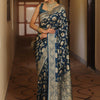 Desultory Navy Blue Soft Silk Saree With Lissome Blouse Piece