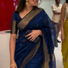 Demure Navy Blue Cotton Silk Saree With Glamorous Blouse Piece