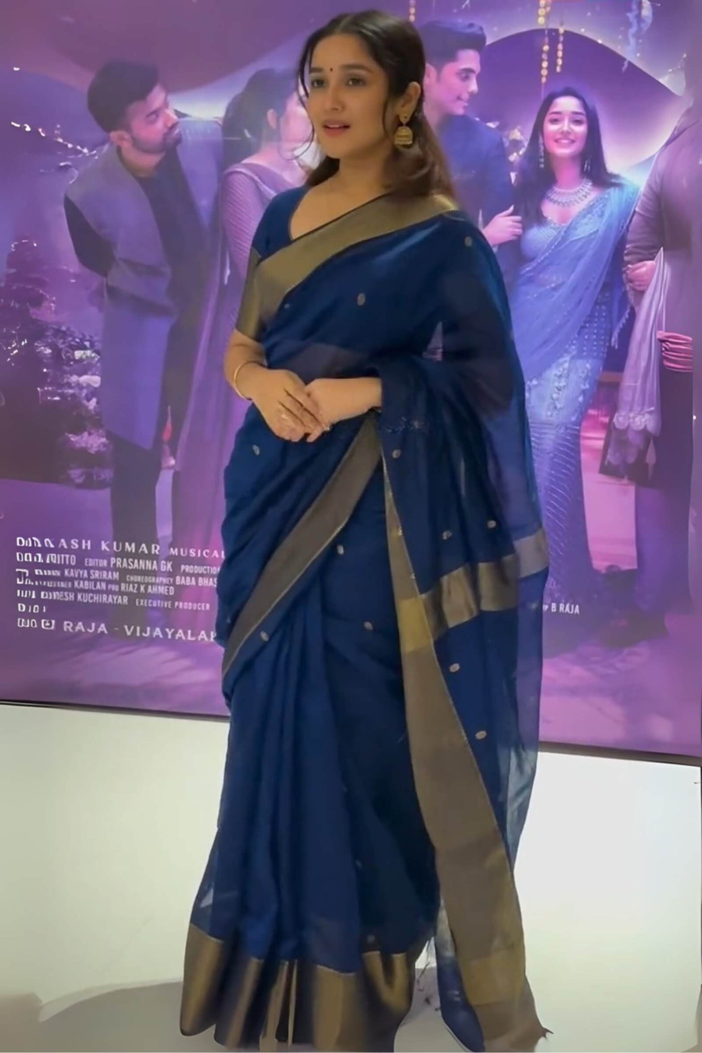 Demure Navy Blue Cotton Silk Saree With Glamorous Blouse Piece