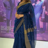 Demure Navy Blue Cotton Silk Saree With Glamorous Blouse Piece