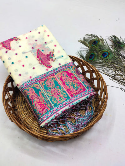 Intricate Beige Pashmina Saree With Gorgeous Blouse Piece