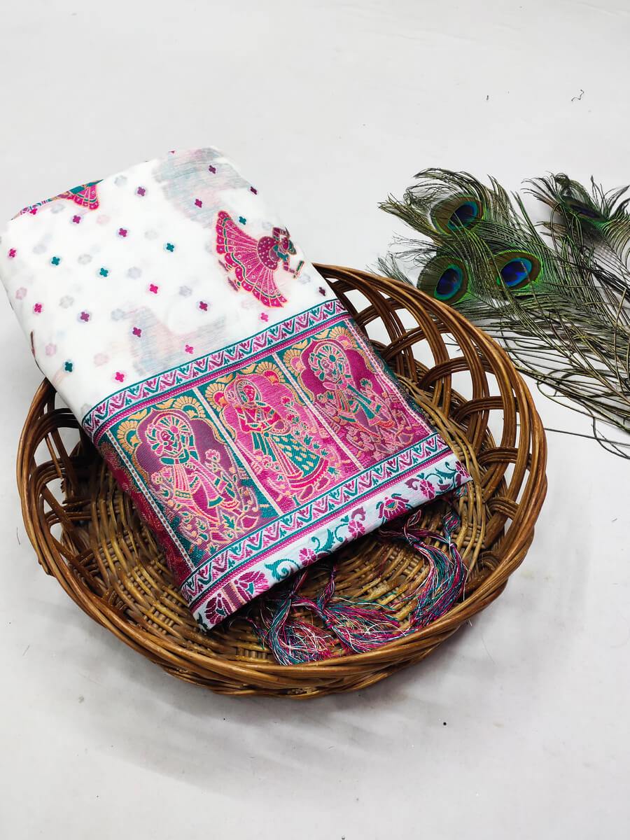 Scrupulous Off White Pashmina Saree With Evocative Blouse Piece