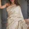 Stunning Beige Linen Silk Saree With Lovely Blouse Piece