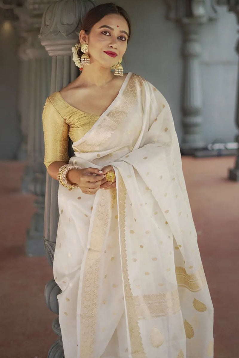 Smart Off White Linen Silk Saree With Hypnotic Blouse Piece