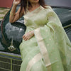Delightful Pista Linen Silk Saree With Fairytale Blouse Piece