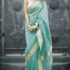 Moiety Turquoise Banarasi Silk Saree With Panoply Blouse Piece
