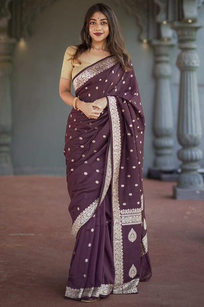 Divine Wine Linen Silk Saree With Prominent  Blouse Piece