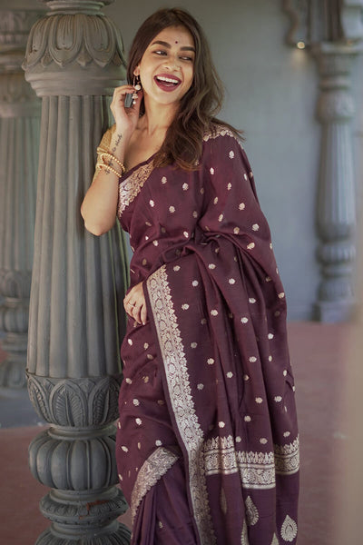 Divine Wine Linen Silk Saree With Prominent  Blouse Piece