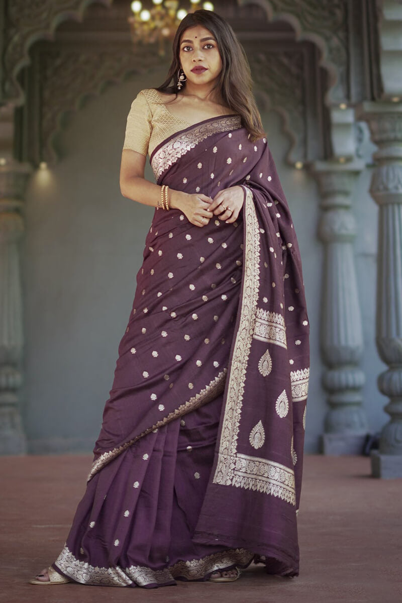 Divine Wine Linen Silk Saree With Prominent  Blouse Piece