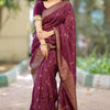 Regal Wine-Purple Handloom Chanderi Saree with Gold Zari Border and Velvet Blouse Set