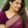 Regal Wine-Purple Handloom Chanderi Saree with Gold Zari Border and Velvet Blouse Set