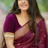 Regal Wine-Purple Handloom Chanderi Saree with Gold Zari Border and Velvet Blouse Set