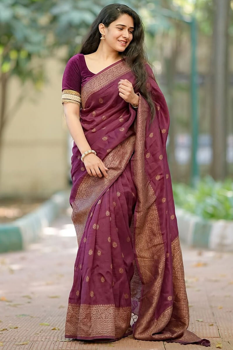 Regal Wine-Purple Handloom Chanderi Saree with Gold Zari Border and Velvet Blouse Set