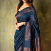 Angelic Navy Blue Soft Silk Saree With Assemblage Blouse Piece