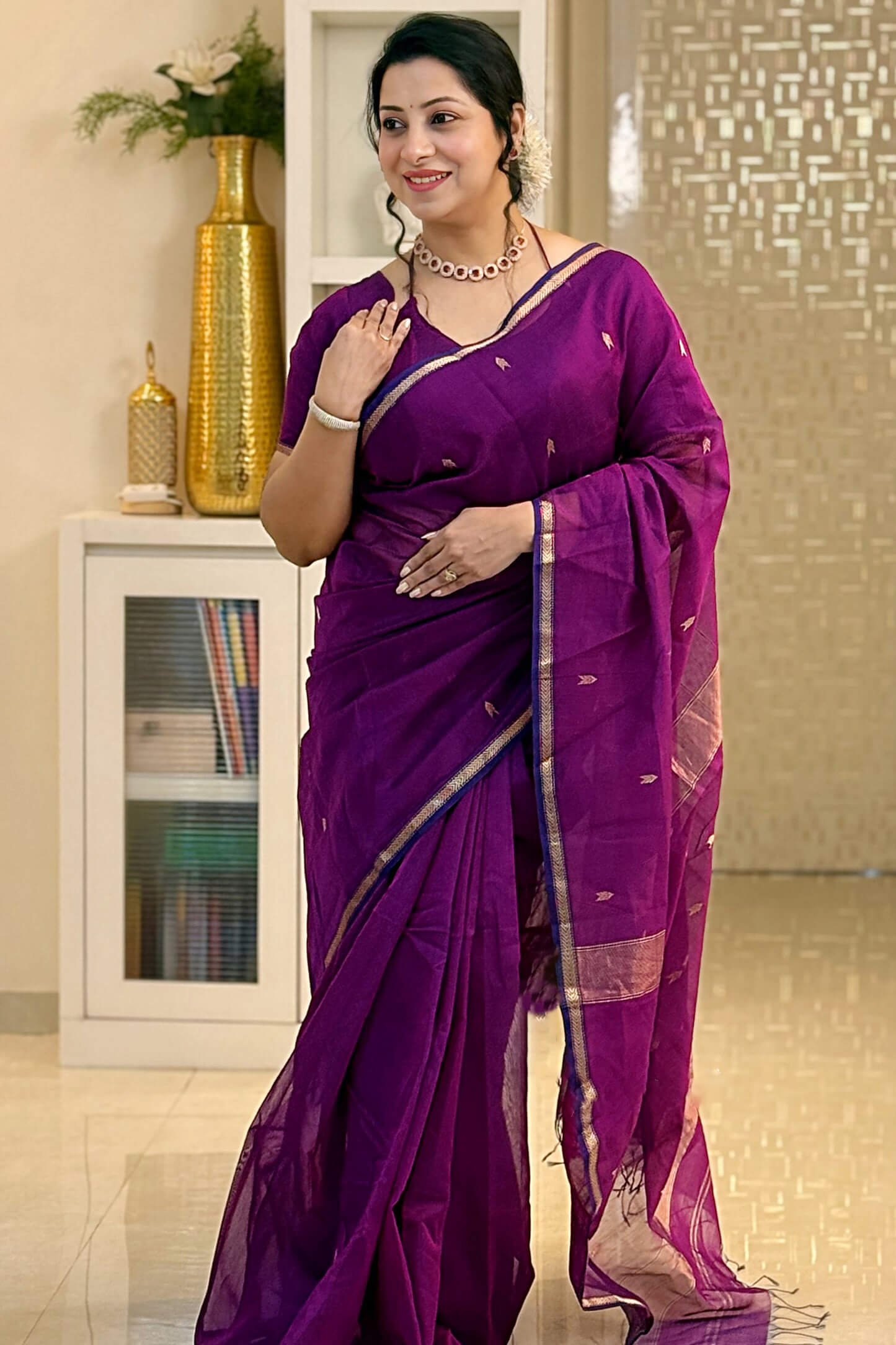 Prettiest Purple Cotton Silk Saree With Glorious Blouse Piece