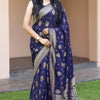 Denouement Navy Blue Soft Banarasi Silk Saree With Snappy Blouse Piece