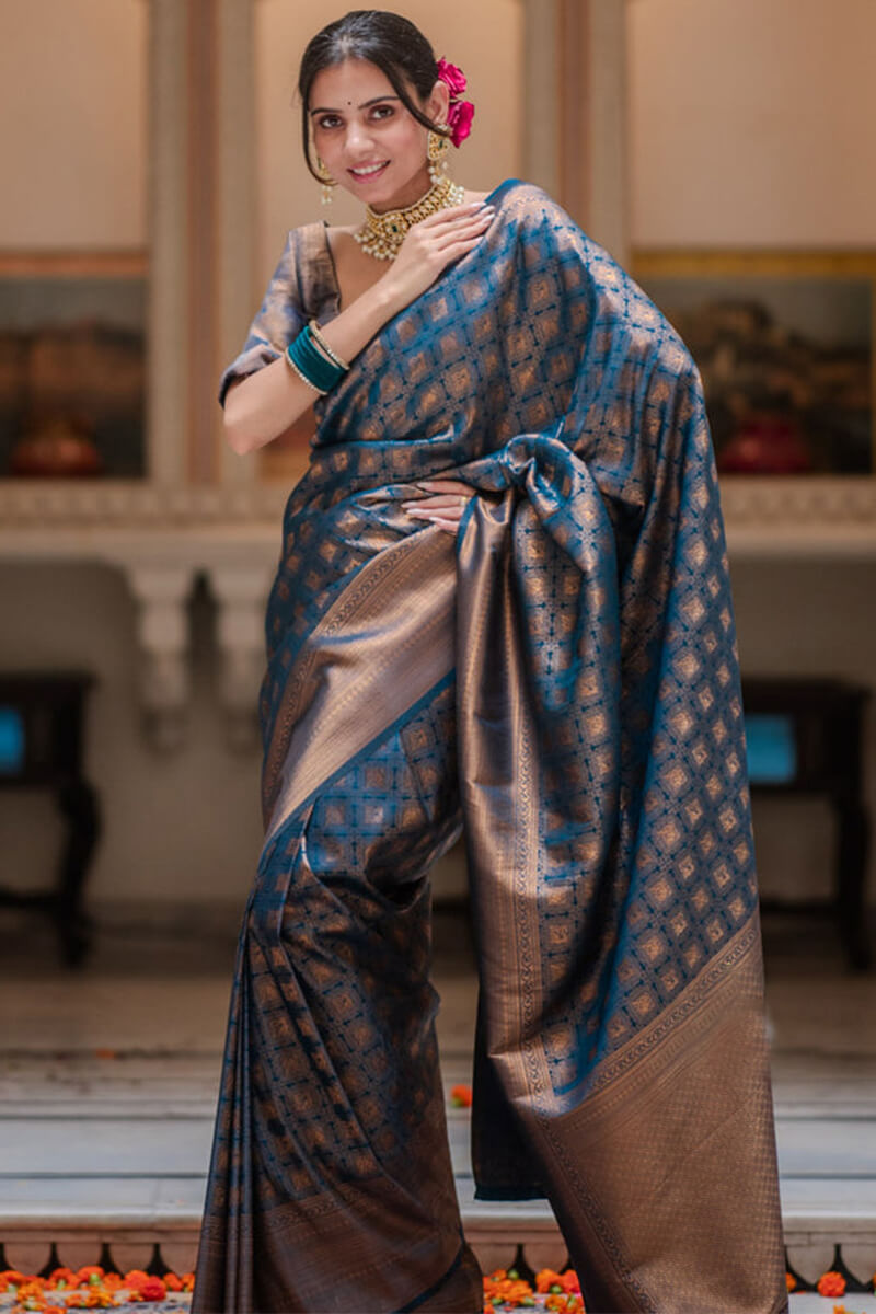 Invaluable Navy Blue Soft Silk Saree With Quixotic Blouse Piece