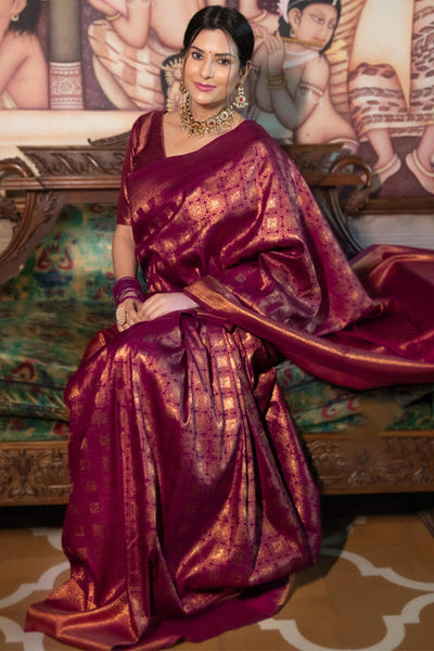 Flamboyant Wine Soft Silk Saree With Imaginative Blouse Piece