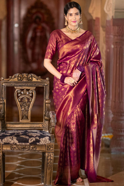 Flamboyant Wine Soft Silk Saree With Imaginative Blouse Piece