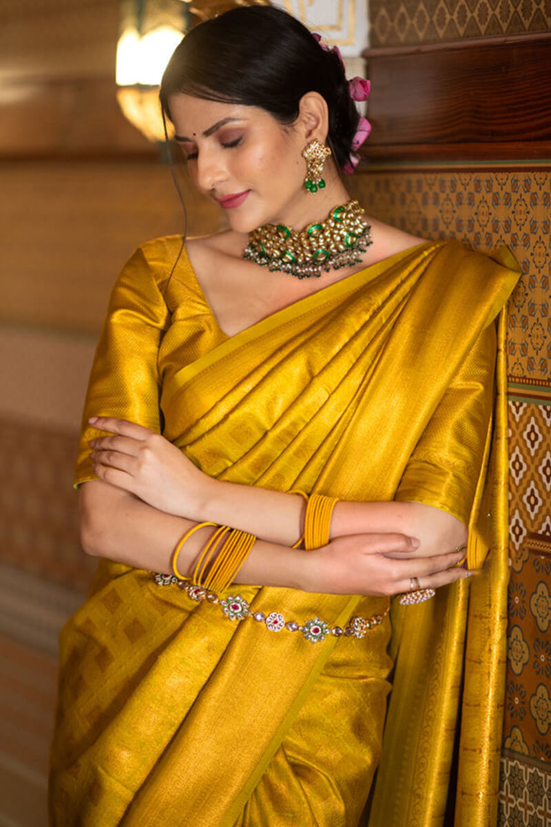 Impressive Yellow Soft Silk Saree With Chatoyant Blouse Piece