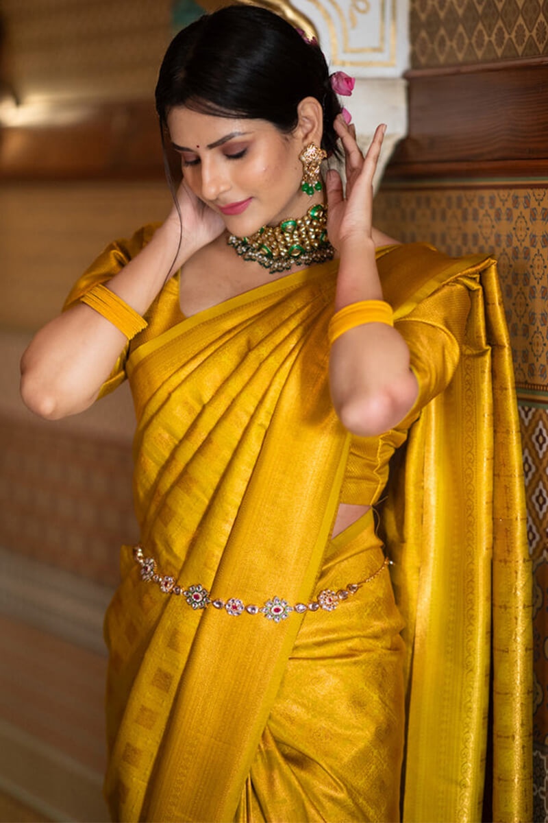 Impressive Yellow Soft Silk Saree With Chatoyant Blouse Piece