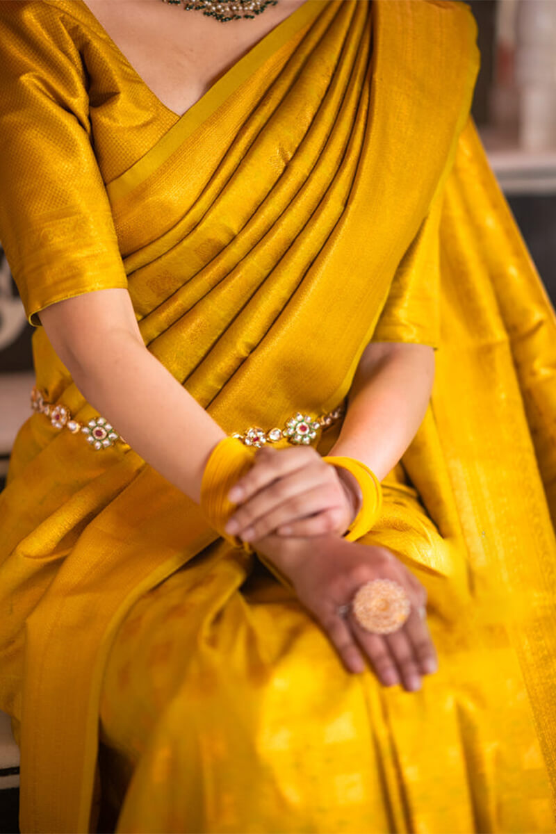 Impressive Yellow Soft Silk Saree With Chatoyant Blouse Piece