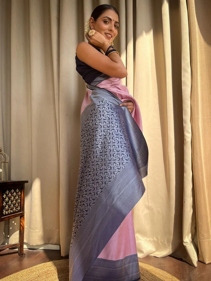 Glittering Baby Pink Soft Silk Saree With Allure Blouse Piece