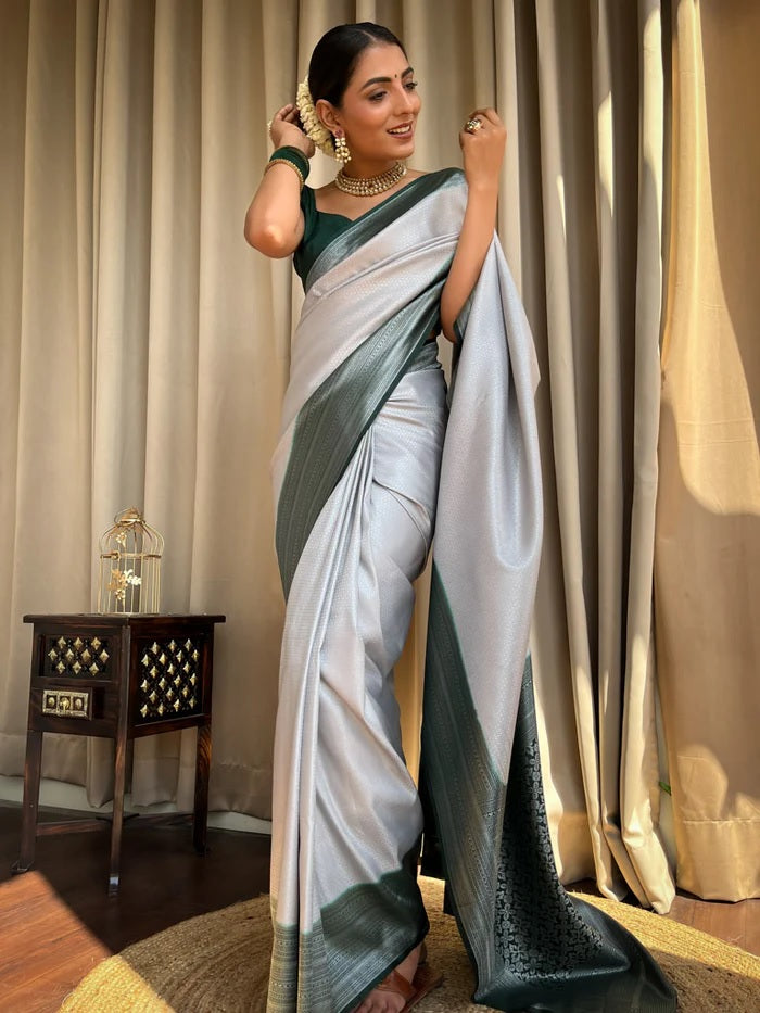 Engaging Grey Soft Silk Saree With Tempting Blouse Piece