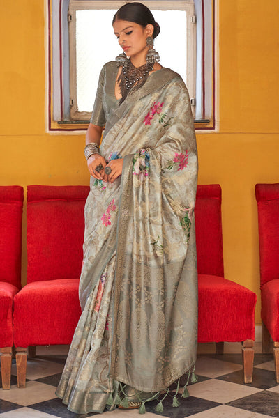 Eloquence Grey Digital Printed Cotton Silk Saree With Smashing Blouse Piece