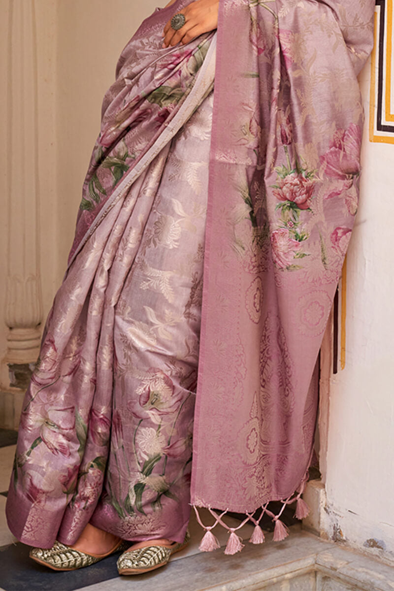 Glorious Lavender Digital Printed Cotton Silk Saree With Engaging Blouse Piece