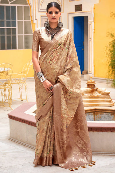 Opulent Brown Digital Printed Cotton Silk Saree With Nebula Blouse Piece