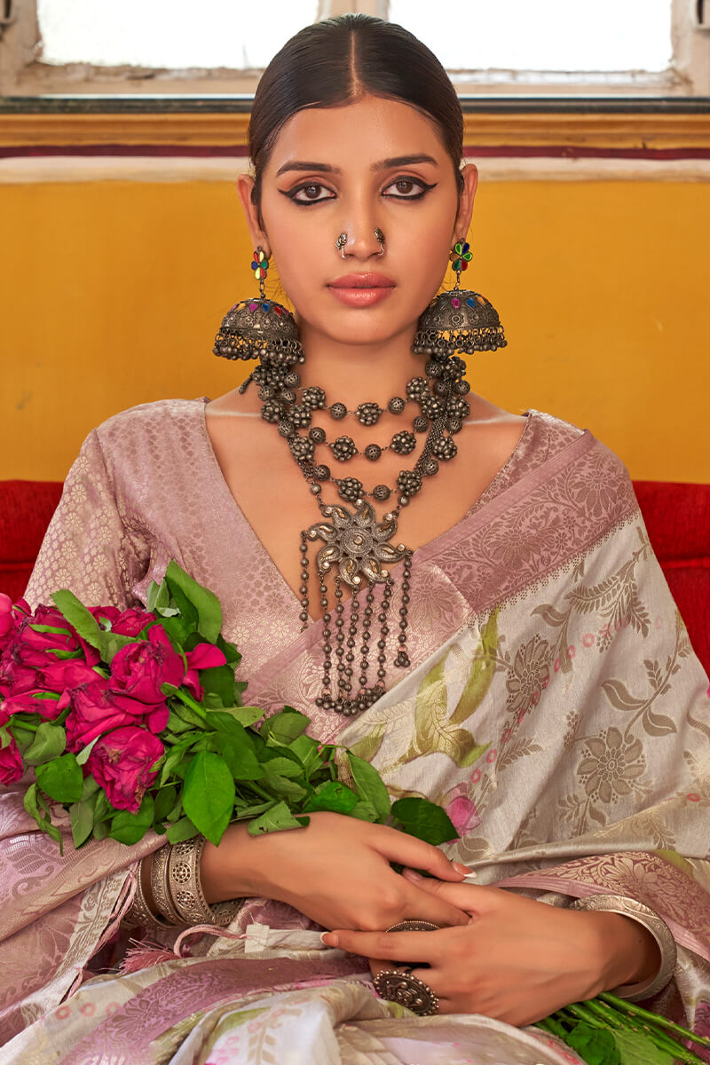 Beautiful Beige Digital Printed Cotton Silk Saree With Desuetude Blouse Piece