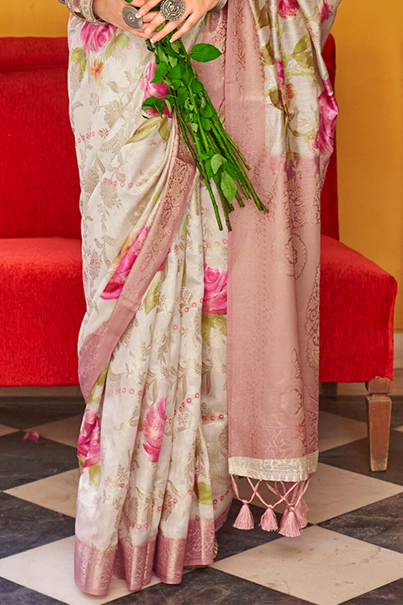 Beautiful Beige Digital Printed Cotton Silk Saree With Desuetude Blouse Piece