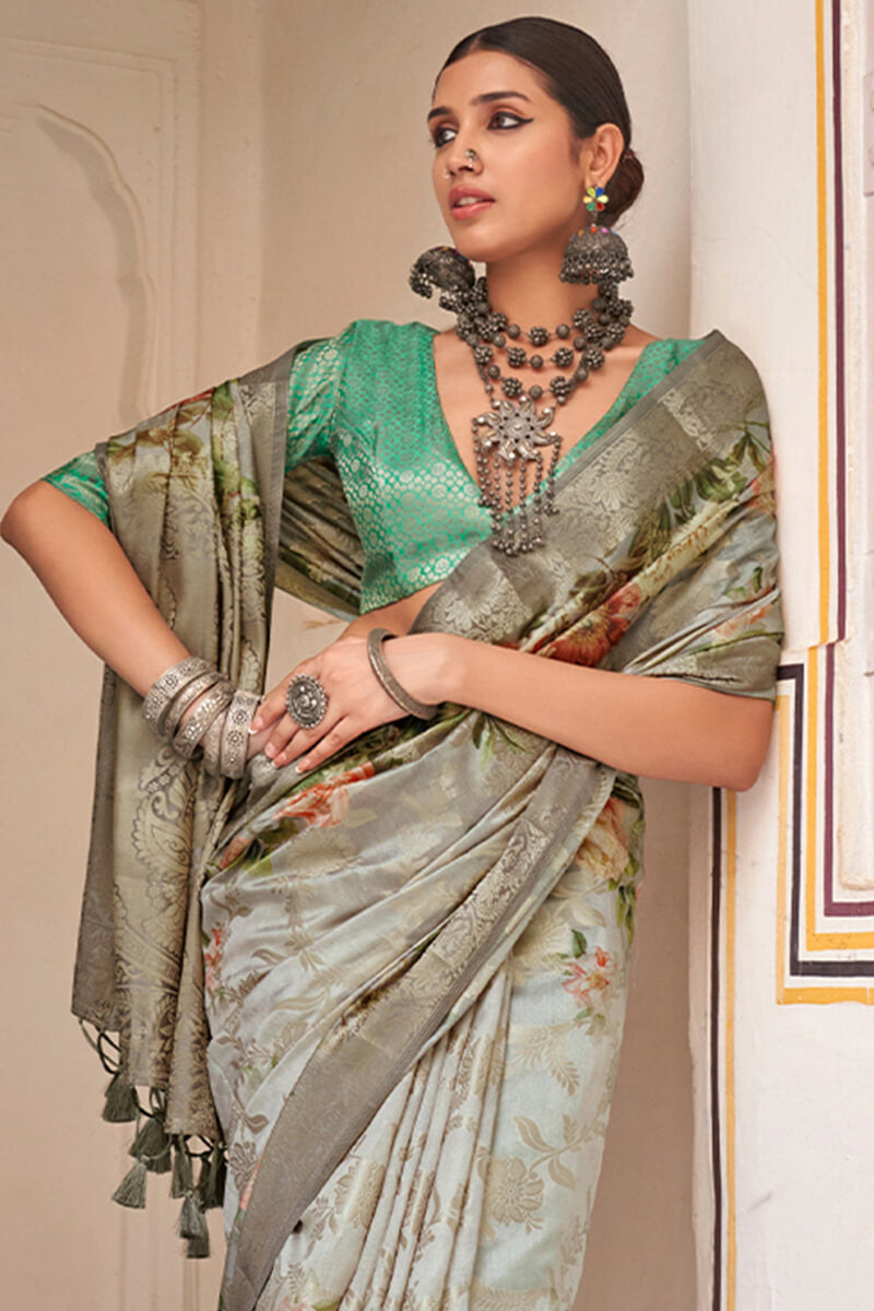Dalliance Light Pista Digital Printed Cotton Silk Saree With Sensational Blouse Piece