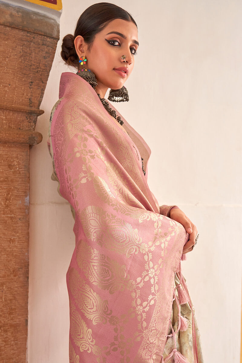 Posh Beige Digital Printed Cotton Silk Saree With Delightful Blouse Piece