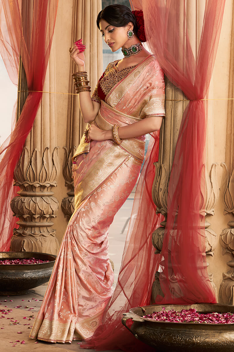 Stunning Peach Banarasi Satin Silk Saree With Energetic Blouse