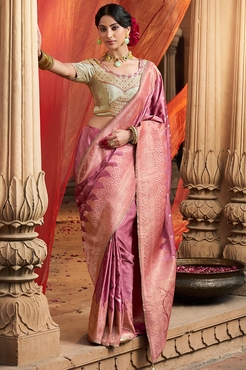 Stunning Pink Banarasi Satin Silk Saree With Energetic Blouse