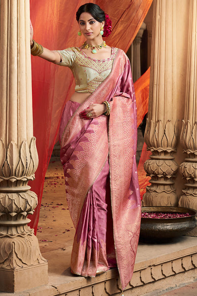 Stunning Pink Banarasi Satin Silk Saree With Energetic Blouse