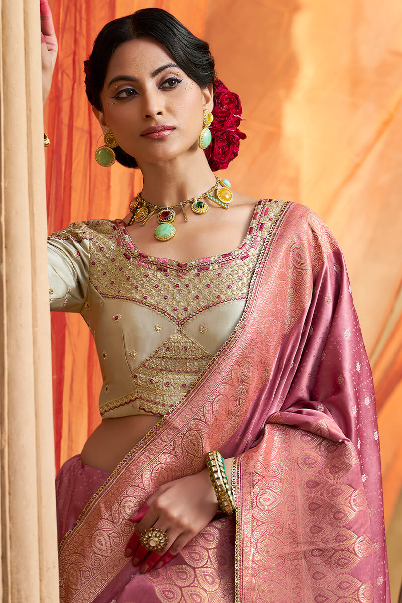 Stunning Pink Banarasi Satin Silk Saree With Energetic Blouse