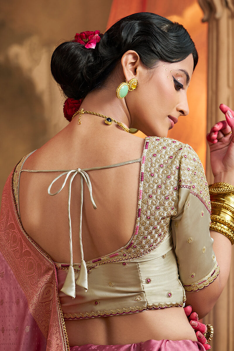 Stunning Pink Banarasi Satin Silk Saree With Energetic Blouse