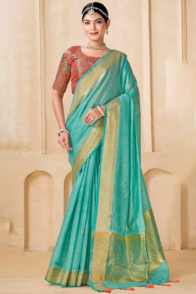 Posh Firozi Cotton Silk Saree With Excellent Blouse Piece