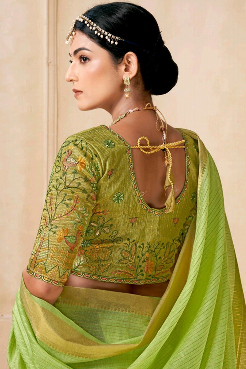 Magnetic Green Cotton Silk Saree With Prettiest Blouse Piece