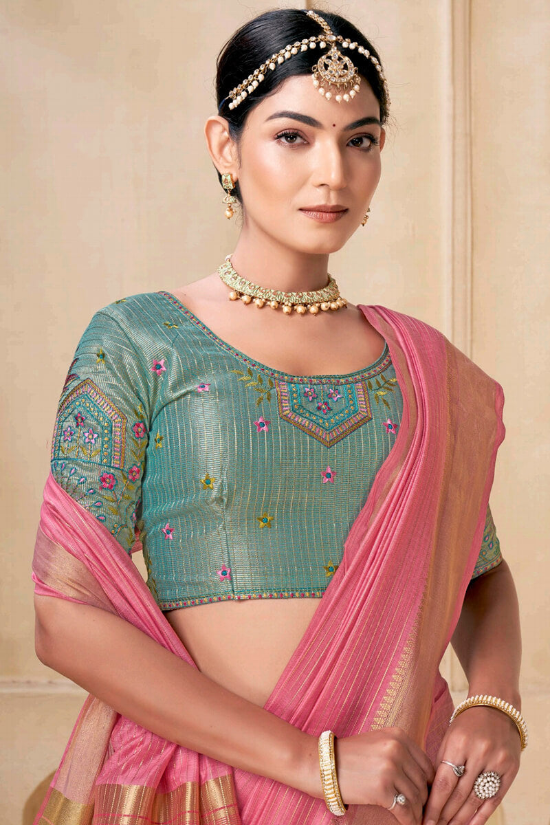 Epiphany Pink Cotton Silk Saree With Intricate Blouse Piece