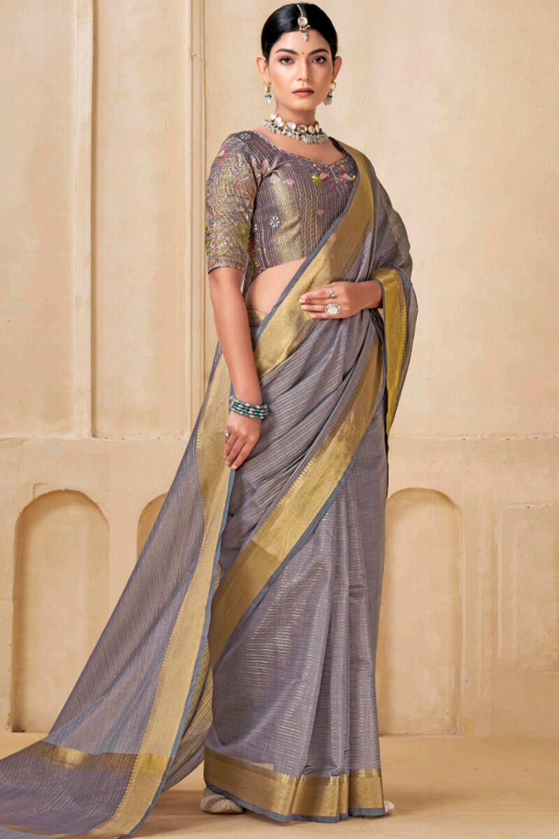 Vestigial Grey Cotton Silk Saree With Delightful Blouse Piece
