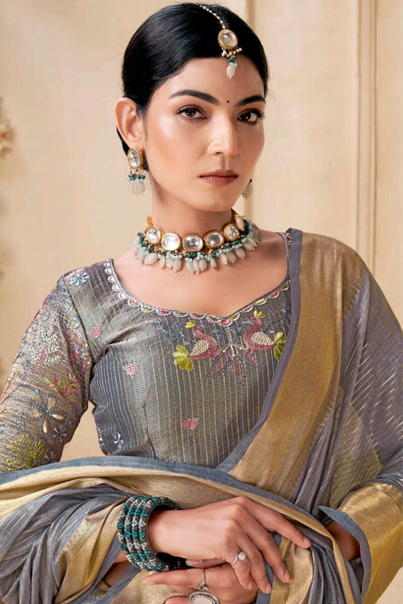 Vestigial Grey Cotton Silk Saree With Delightful Blouse Piece